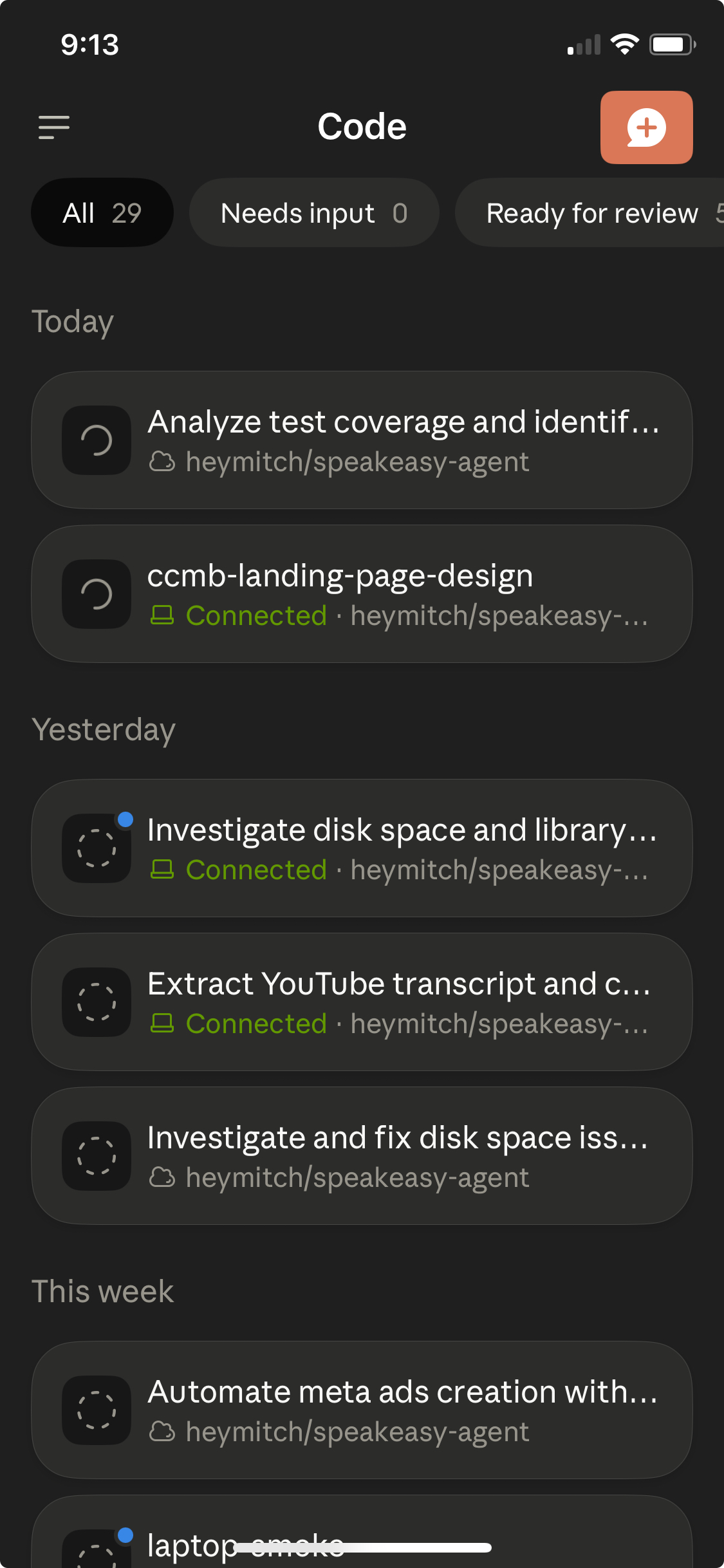 Claude Code mobile app — list of code tasks across Today, Yesterday, This week